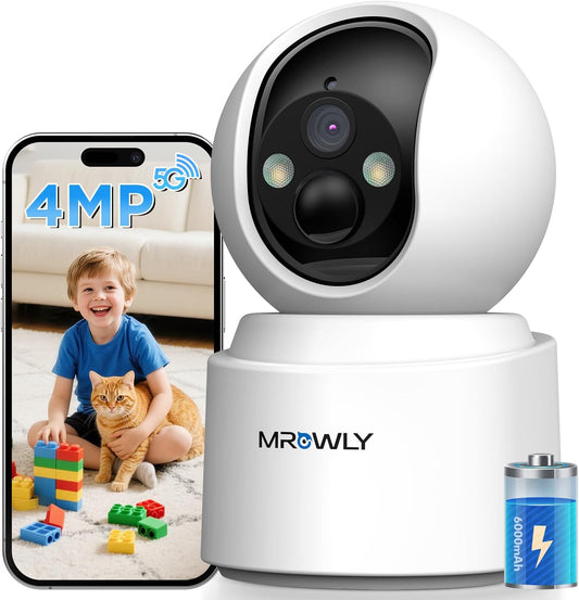 Indoor Camera 2.5K (4MP), Indoor Beveiligingscamera Draadloos met 6000mAh oplaadbare batterij, Dual-Band WiFi 2.4/5GHz, 360° Pan-Tilt, Kleur Nachtzicht, PIR Bewegingsdetectie, SD & Cloud Opslag