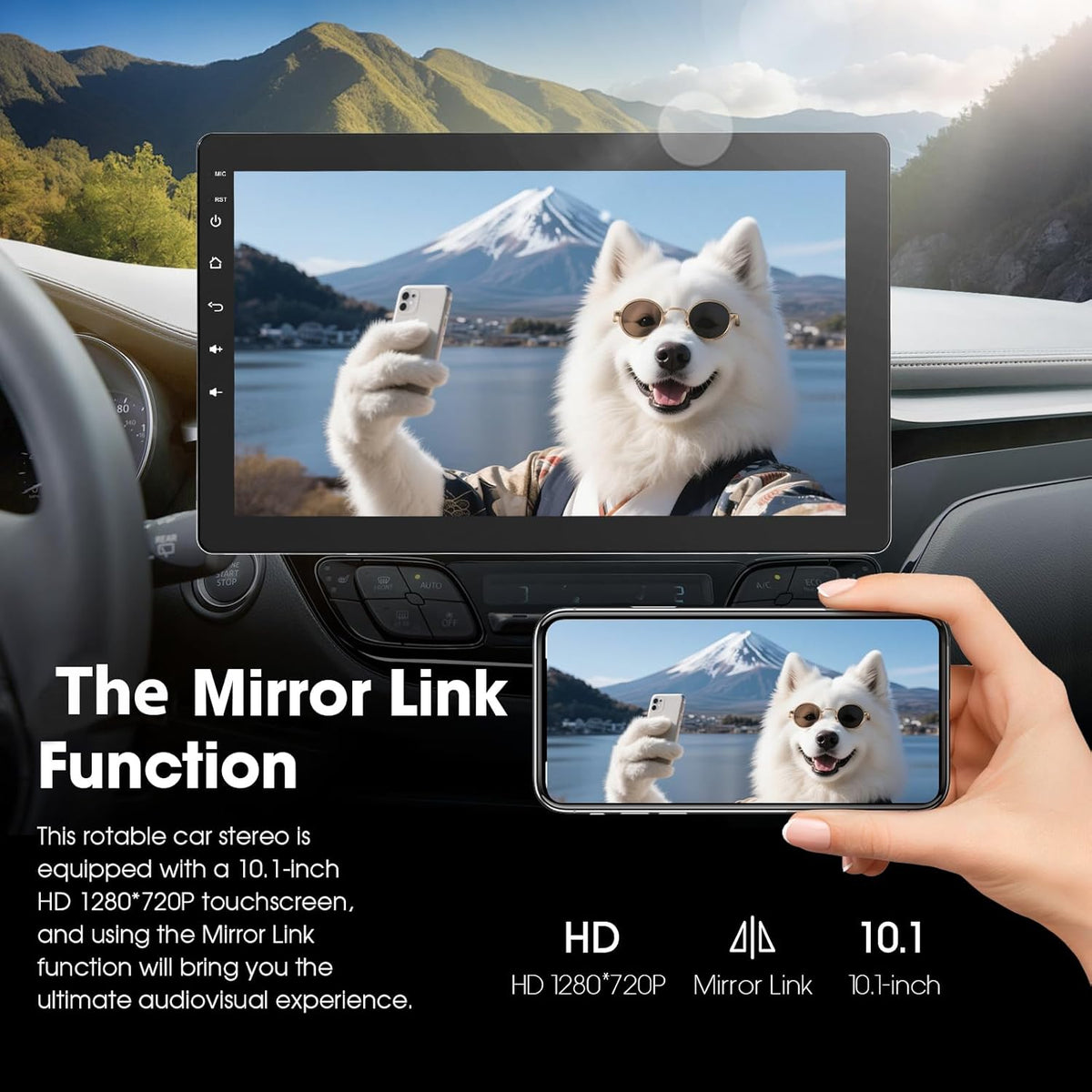 360° Draaibare Autoradio – 1 DIN Autoradio – Bluetooth Stereo – Draadloze CarPlay – Android Auto – 10,1 Inch IPS Touchscreen – Ingebouwde 720P Achteruitrijcamera & Stembediening