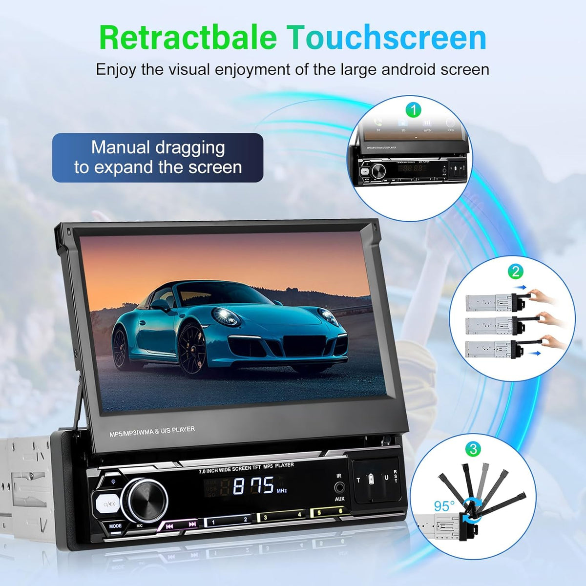 NHOPEEW Din autoradio met schermondersteuning Draadloos Carplay en Android Auto - 7 inch HD uitklapbaar touchscreen autoradio met GPS Mirror Link SWC FM/AM/RDS AUX USB U Disk + microfoon