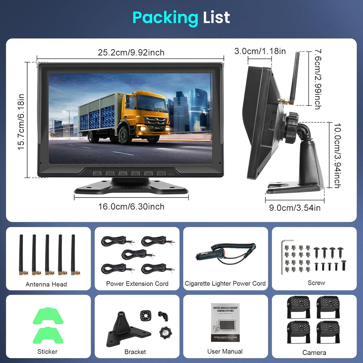 Hodozzy Draadloze digitale achteruitrijcamera, 4 camera's kit 10,1 inch IPS-scherm gesplitst scherm met opname nachtzicht achtercamera auto vrachtwagen/aanhangwagen/camper