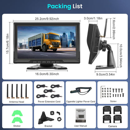 Hodozzy Draadloze digitale achteruitrijcamera, 4 camera's kit 10,1 inch IPS-scherm gesplitst scherm met opname nachtzicht achtercamera auto vrachtwagen/aanhangwagen/camper