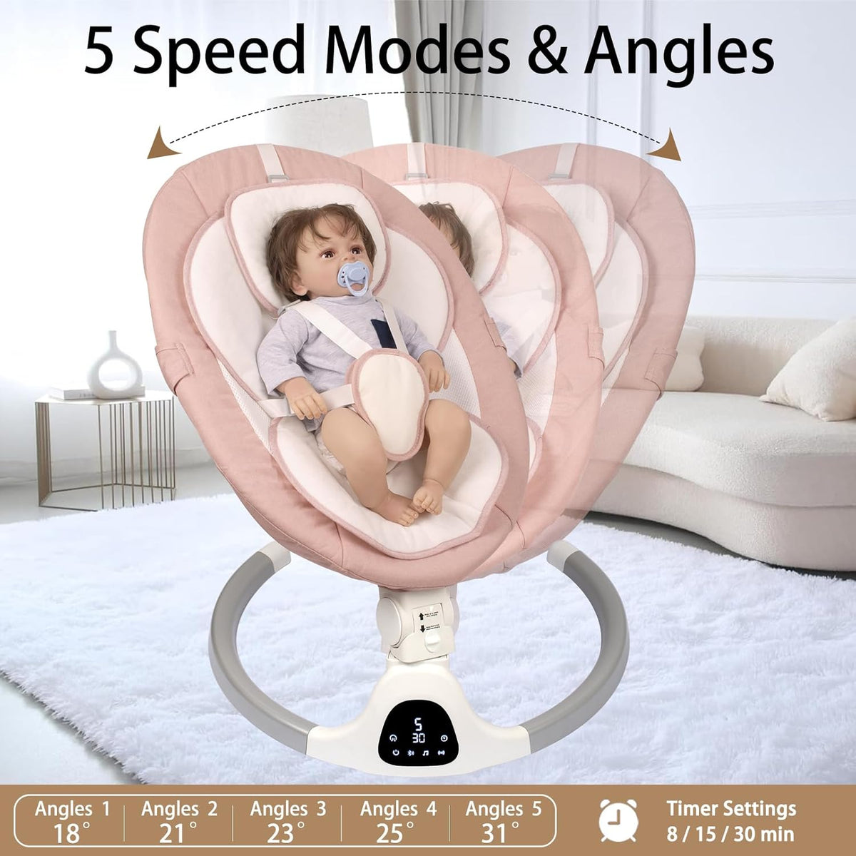 Baby Electric Swing with Bluetooth Remote Control, Timing Function and 10 Music, 5 Rocking Speeds, 3 Seat Positions, Baby Bouncer for Boys and Girls, Indoor and - QUORE