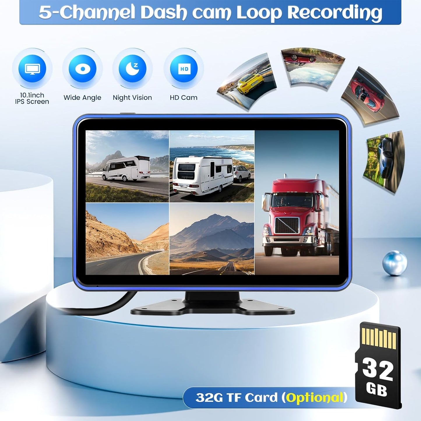 Achteruitrijcamera, set van 5 camera's, 10,1 inch, IPS HD-monitor, IP68 waterdicht, nachtzicht, BSD, loop-video, DVR, USB, full-colour achtercamera voor vrachtwagen, campers, aanhanger, bus