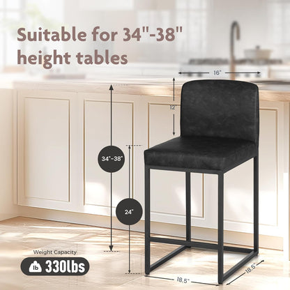 ALPHA HOME Bar Stool Set of 2 Bar Stools with Backrest, PU Leather, 2-Piece Set with Footrest for Countertop, Stable Metal Steel Frame, Black