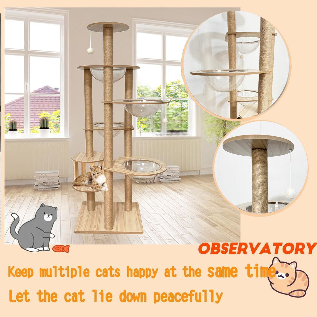 Mdpetpops Kattenkrabpaal, 183 cm, groot, met 4 capsules, jute krabzuil, ladder, hol, kattenspeelgoed, kattenkrabpaal. (houtkleur YN-105)
