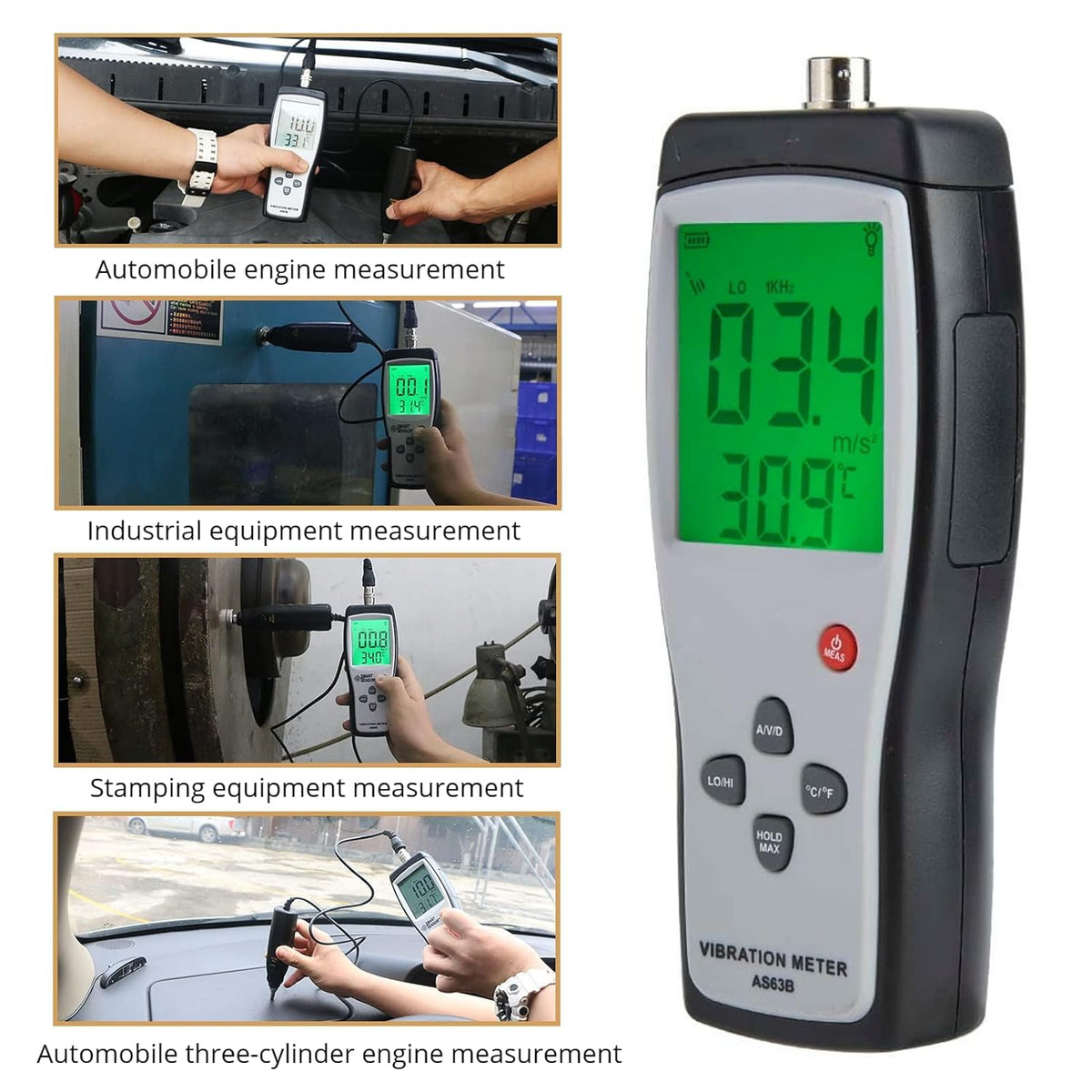 Draagbare LCD Vibration Analyzer Tester Meter Vibrometer Gauge Tester Analyzer Vibration Tester Analyzer 0.1-199.9m / s AS63B