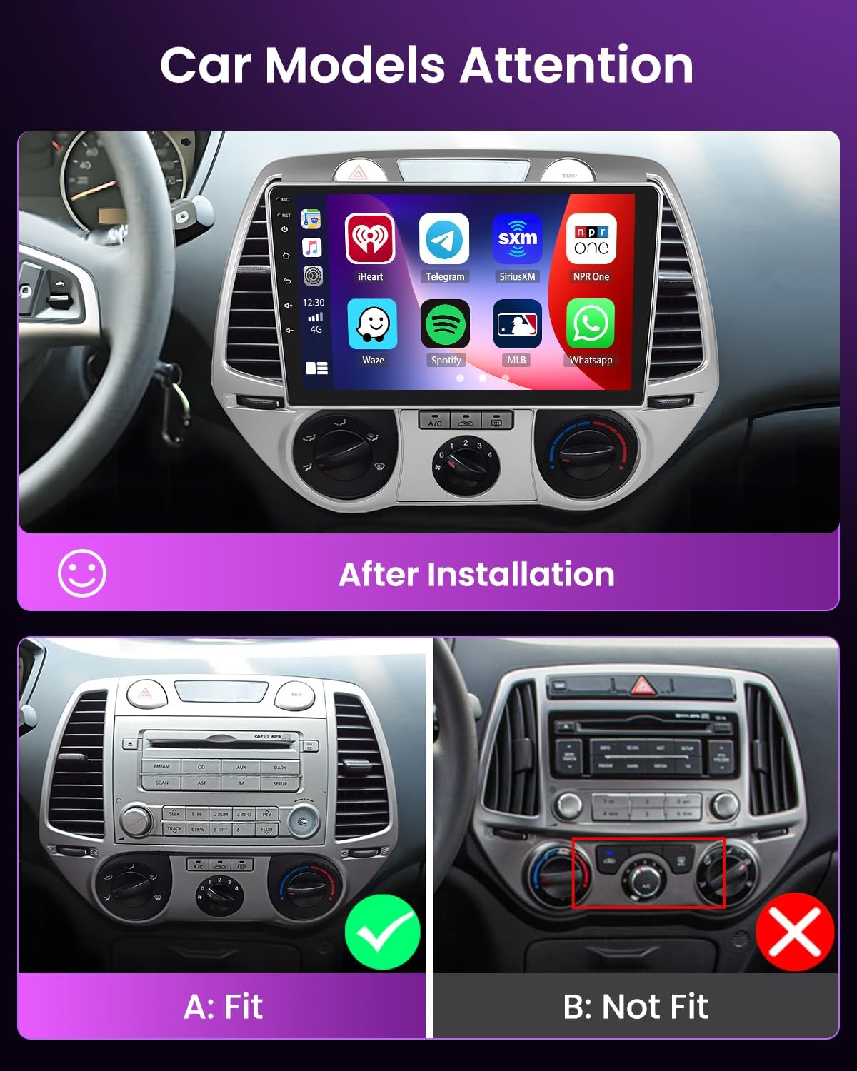 4+64G Android 15 autoradio voor Hyundai i20 2008-2012 met draadloze CarPlay Android Auto, 9-inch scherm, ondersteunt FM, RDS, 32EQ, GPS, Bluetooth, WiFi, SWC, AHD en achteruitrijcamera.