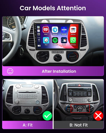 4+64G Android 15 autoradio voor Hyundai i20 2008-2012 met draadloze CarPlay Android Auto, 9-inch scherm, ondersteunt FM, RDS, 32EQ, GPS, Bluetooth, WiFi, SWC, AHD en achteruitrijcamera.