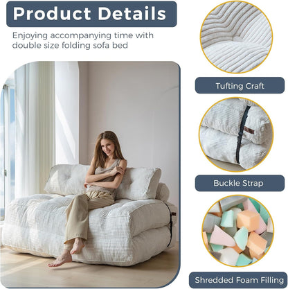 MAXYOYO Folding Sofa Bed, Convertible Sleeping Chair with Pillow, Mattress with Back Support, Portable Chair Bed, Comfortable Lounge for Living Room, Bedroom, Beige, Double
