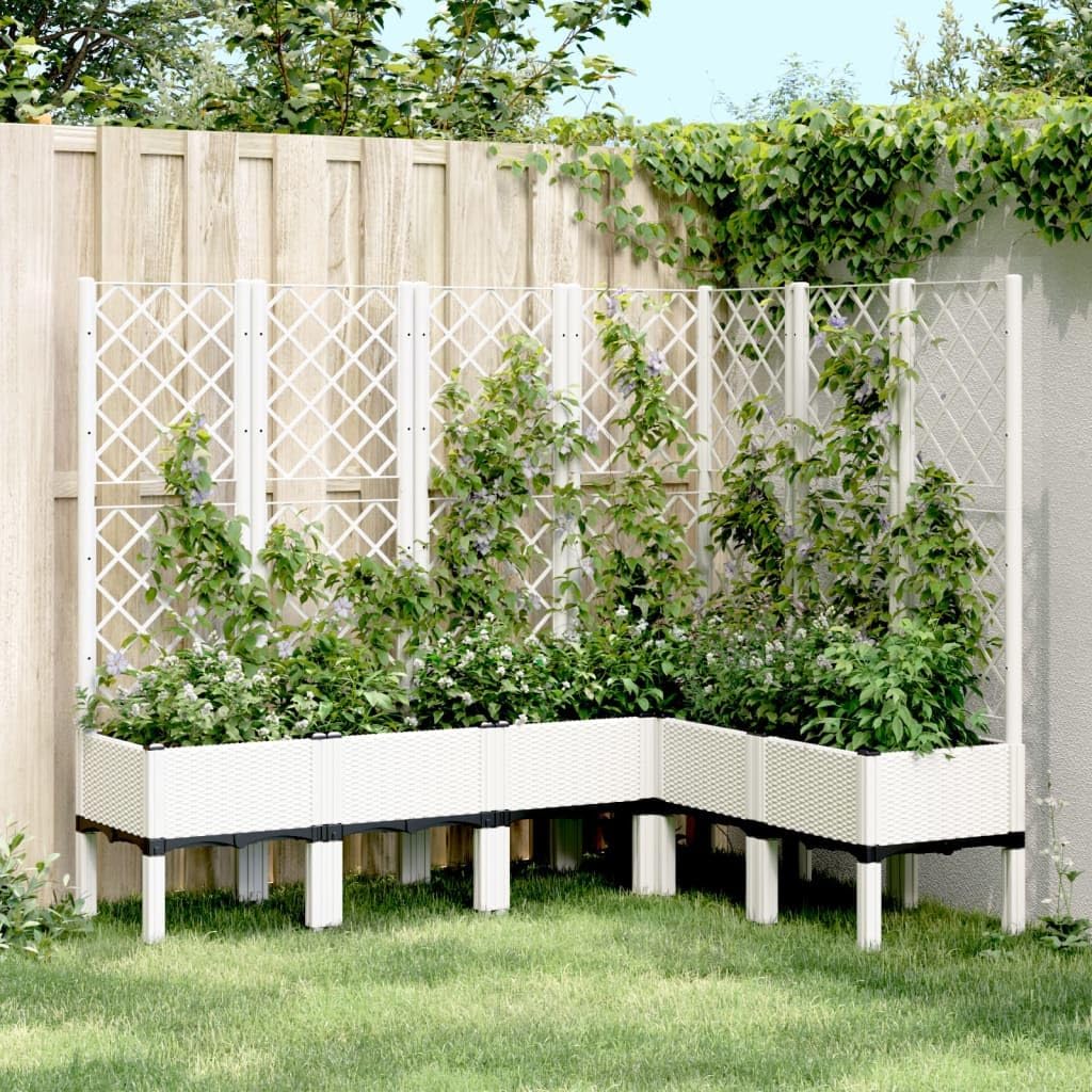 Flower Box for the Garden with Integrated Polypropylene Trellis Raised Design and Rattan Look, White, 160 x 120 x 142 cm, Ideal for Climbing Plants, Vegetables and Flowers - QUORE