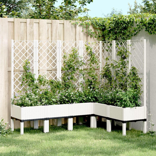 Flower Box for the Garden with Integrated Polypropylene Trellis Raised Design and Rattan Look, White, 160 x 120 x 142 cm, Ideal for Climbing Plants, Vegetables and Flowers - QUORE