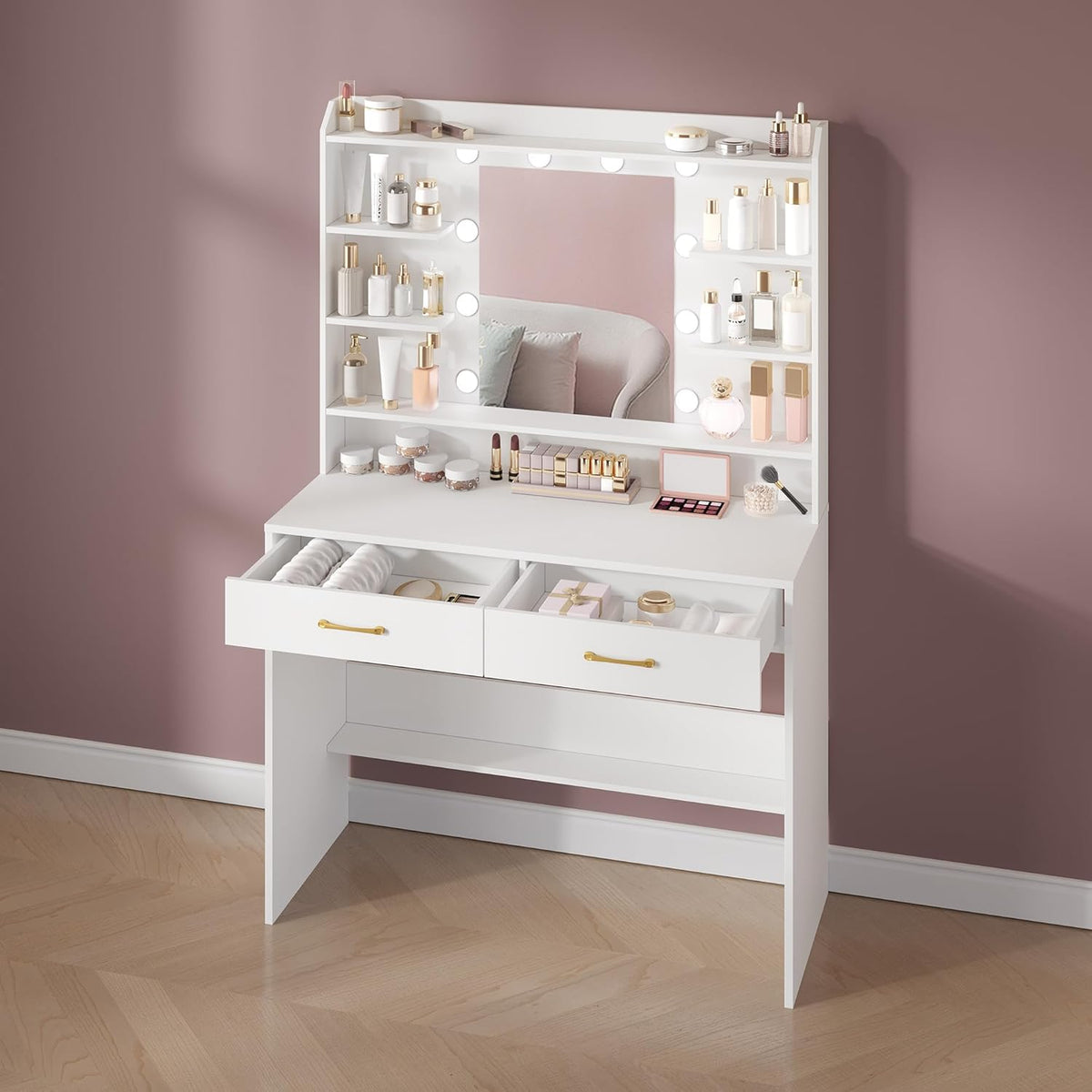 Hzuaneri Dressing Table with Mirror and LED Lighting, Adjustable Brightness, Dressing Table with Shelves and 2 Drawers, for Bedroom, Living Room, 40 X 100 X 149 cm, WhiteDT38703X