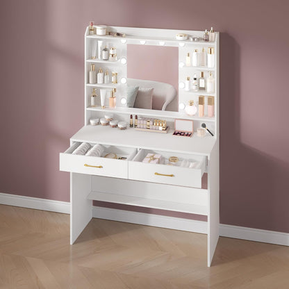 Hzuaneri Dressing Table with Mirror and LED Lighting, Adjustable Brightness, Dressing Table with Shelves and 2 Drawers, for Bedroom, Living Room, 40 X 100 X 149 cm, WhiteDT38703X