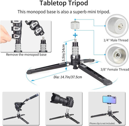 Monopod – Videomonopod – Cameramonopod – Camerastatief – Videostatief – Fluid Head Met 360° Pan En -52° Tot +91° Kanteling – Aluminiumlegering, 182 Cm Hoog En 10 Kg Draagvermogen