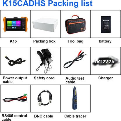 IP-cameratester K15-CADHS CCTV-tester 7 inch IPS-touchscreen 8K IP camera 8MP AHD CVI TVI SDI CVBS-test VGA- en HDMI-ingang ondersteuning SFP optische modulaire aansluitingen ondersteuning POE PTZ