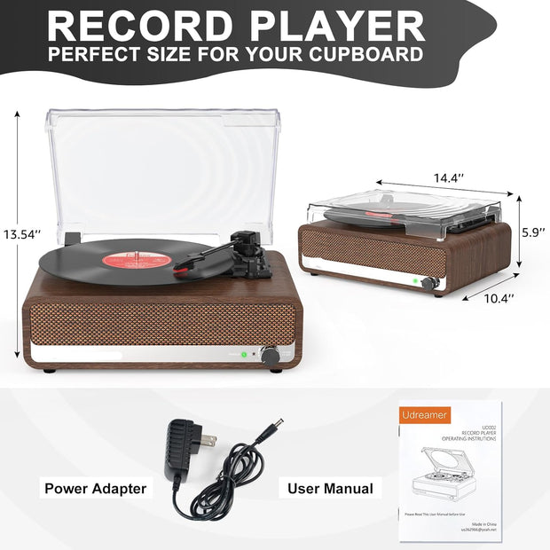 Platenspeler - Geïntegreerde Luidsprekers - Vintage Fonograaf - met Bluetooth-Riemaandrijving - 3 snelheden - voor Muziekgenot - Woondecoratie - Hout - Walnoot