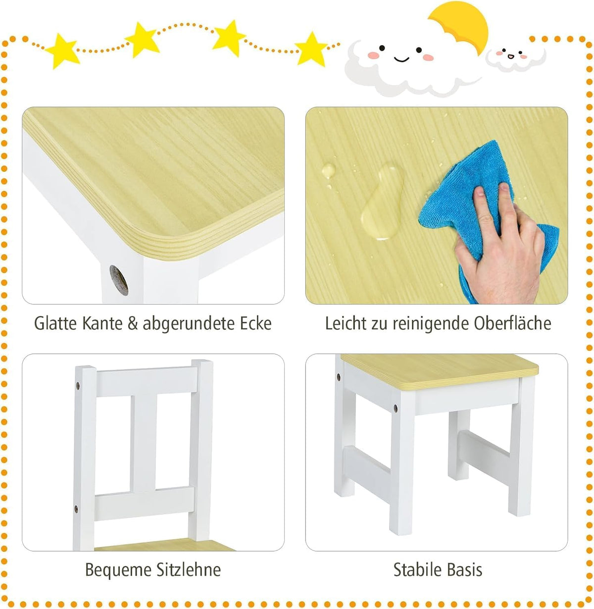 FANTASK 4-delig kinderzitgarnituur met opbergruimte, kindertafel van grenenhout met 2 stoelen & zitbank, natuurlijke kleur
