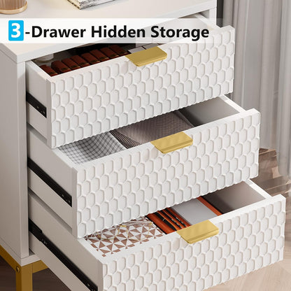 Tribesigns Modern Side Table with 3 Drawers, Contemporary Side Table with Storage Space for Bedroom, Living Room, White and Gold (Pack of 2)