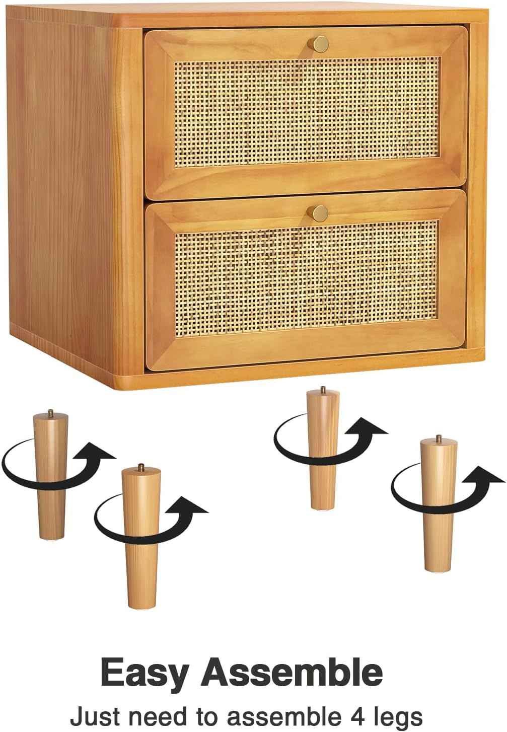Nachtkastje Rattan – Bedside Table – Ladekastje – Bijzettafel – Slaapkamerkastje – 2 Lades – Massief Houten Pootjes – Compact 45x40x55,5 cm
