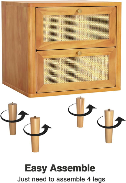 Nachtkastje Rattan – Bedside Table – Ladekastje – Bijzettafel – Slaapkamerkastje – 2 Lades – Massief Houten Pootjes – Compact 45x40x55,5 cm