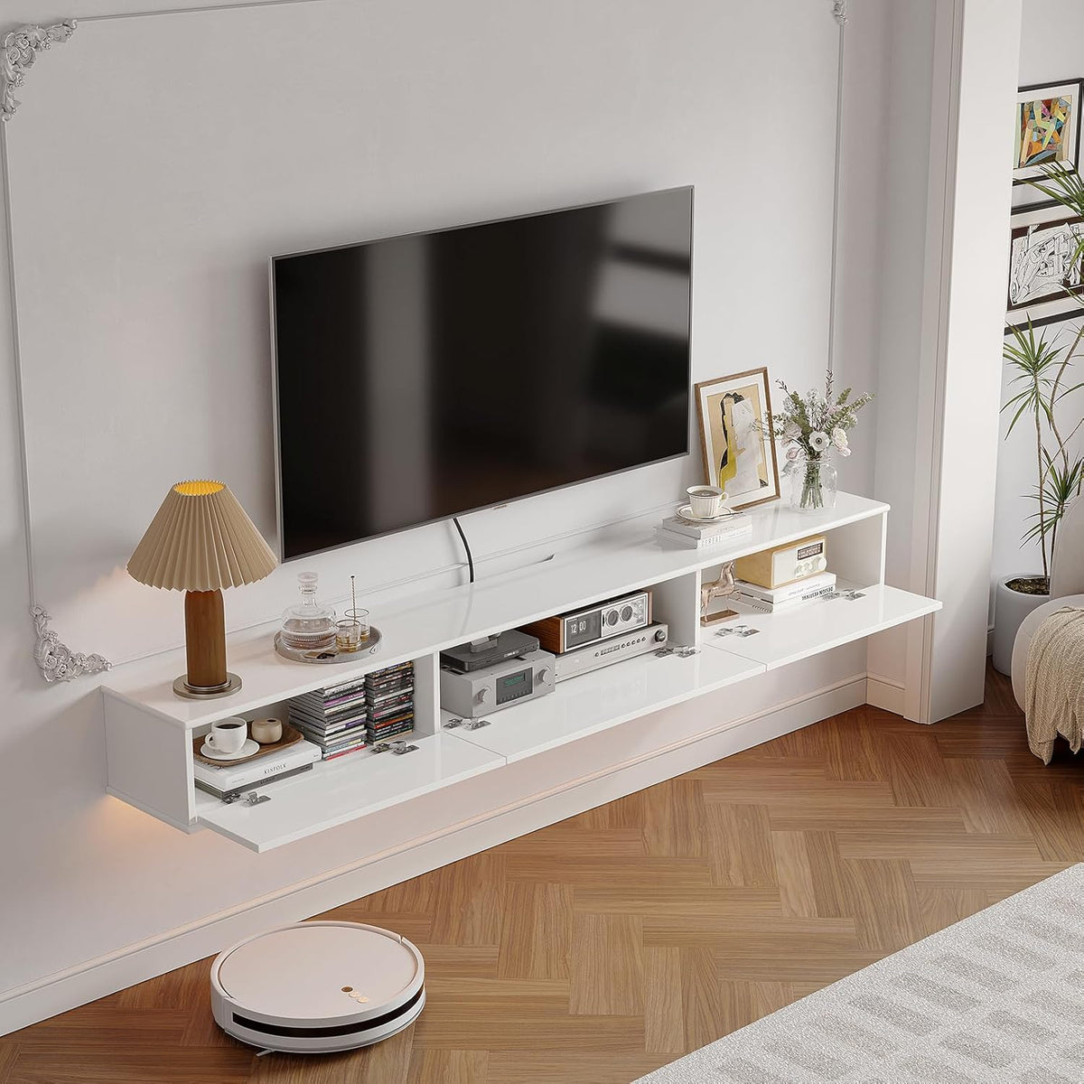 Retro drijvende tv-console met 3 deuren, 47" hoogglans drijvende tv-standaard, wandgemonteerde tv-kast, hedendaagse drijvende mediaconsole voor onder tv-opslag, woonkamer, slaapkamer (wit)