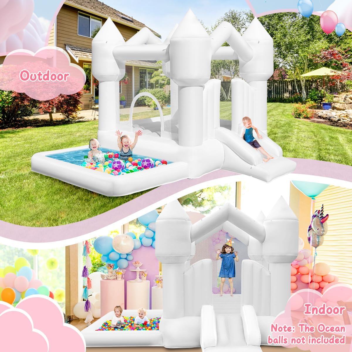 Springkasteel wit met glijbaan, spring- en ballenbad, ventilator, voor kinderen 3-8 jaar, bounce house tuin/feest/bruiloft, verjaardagscadeau