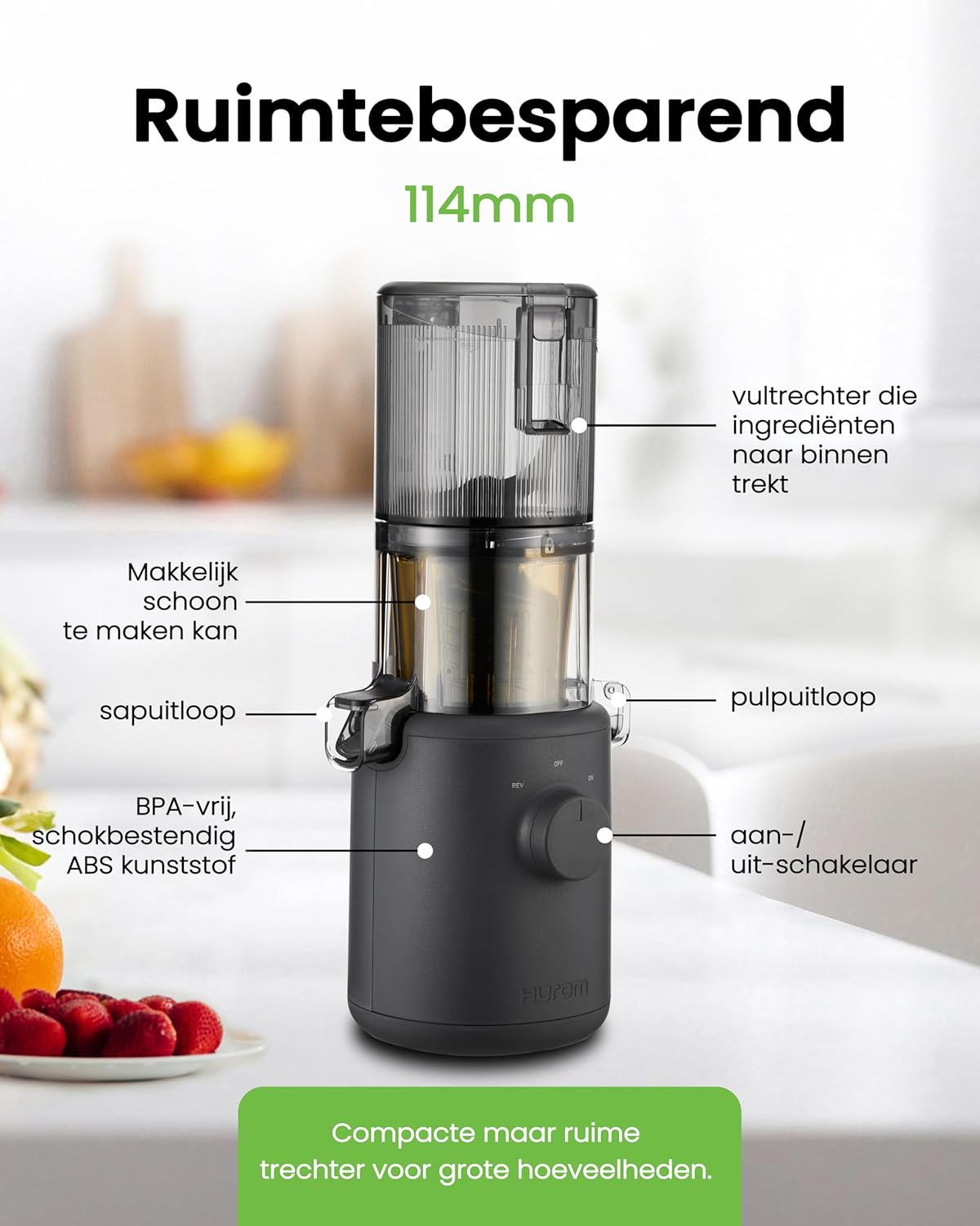 HUROM | Sapcentrifuge | sapcentrifuge voor groenten en fruit | H310A | koude pers | stille motor | gemakkelijk te reinigen | compact design | 220 ml | 100 watt | BPA-vrij (houtskool)