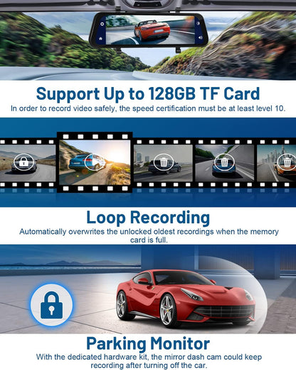 Dashcam autospiegel – Spiegel dashcam – Achteruitkijkspiegel dashcam – Autospiegel camera – Achteruitrijcamera – 9,66 inch IPS-touchscreen – CarPlay en Android Auto