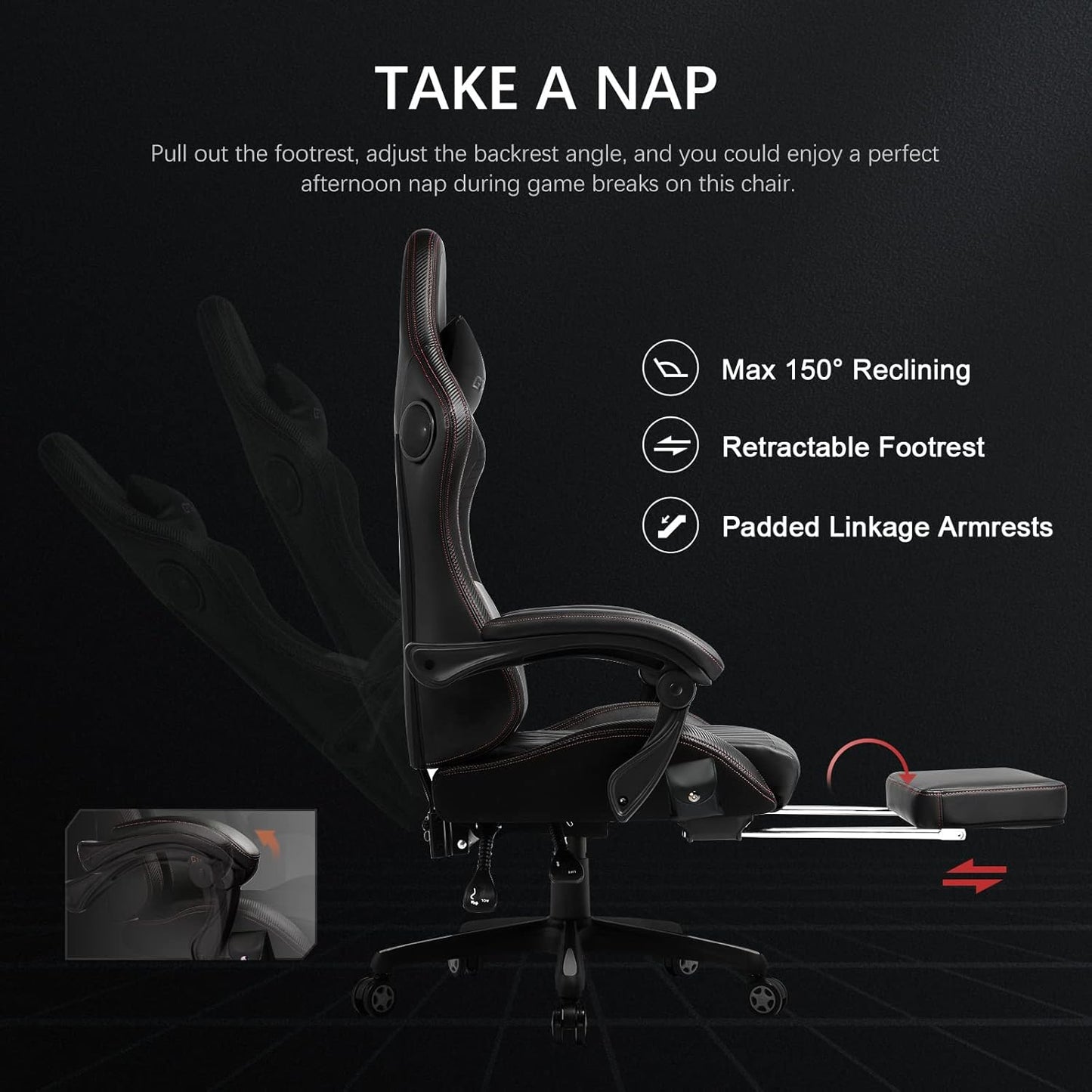 GTPLAYER Ergonomic Gaming Chair, Office Chair, Racing Chair with Footrest and Speakers, Load Capacity up to 150 kg, Black-Red - QUORE