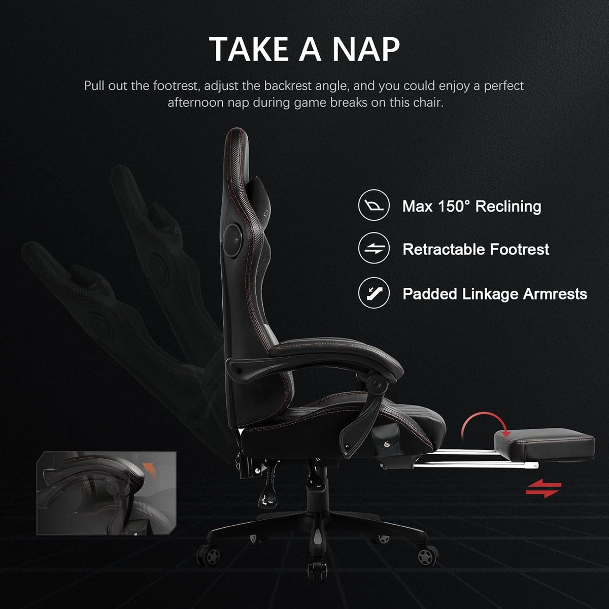 GTPLAYER Ergonomic Gaming Chair, Office Chair, Racing Chair with Footrest and Speakers, Load Capacity up to 150 kg, Black-Red - QUORE