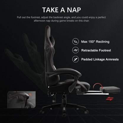 GTPLAYER Ergonomic Gaming Chair, Office Chair, Racing Chair with Footrest and Speakers, Load Capacity up to 150 kg, Black-Red - QUORE