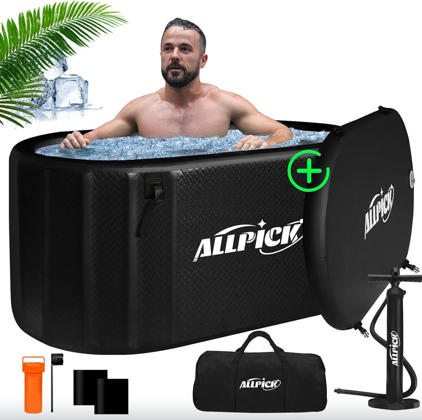 ALLPICK IJsbad ton met afdekking - (150 cm) XL opvouwbare badkuip voor atleten, compatibel met waterkoeler, ijsbak voor cryotherapie, ijsbad voor binnen en buiten, 370 liter ijston, zwart