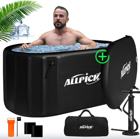 ALLPICK IJsbad ton met afdekking - (150 cm) XL opvouwbare badkuip voor atleten, compatibel met waterkoeler, ijsbak voor cryotherapie, ijsbad voor binnen en buiten, 370 liter ijston, zwart