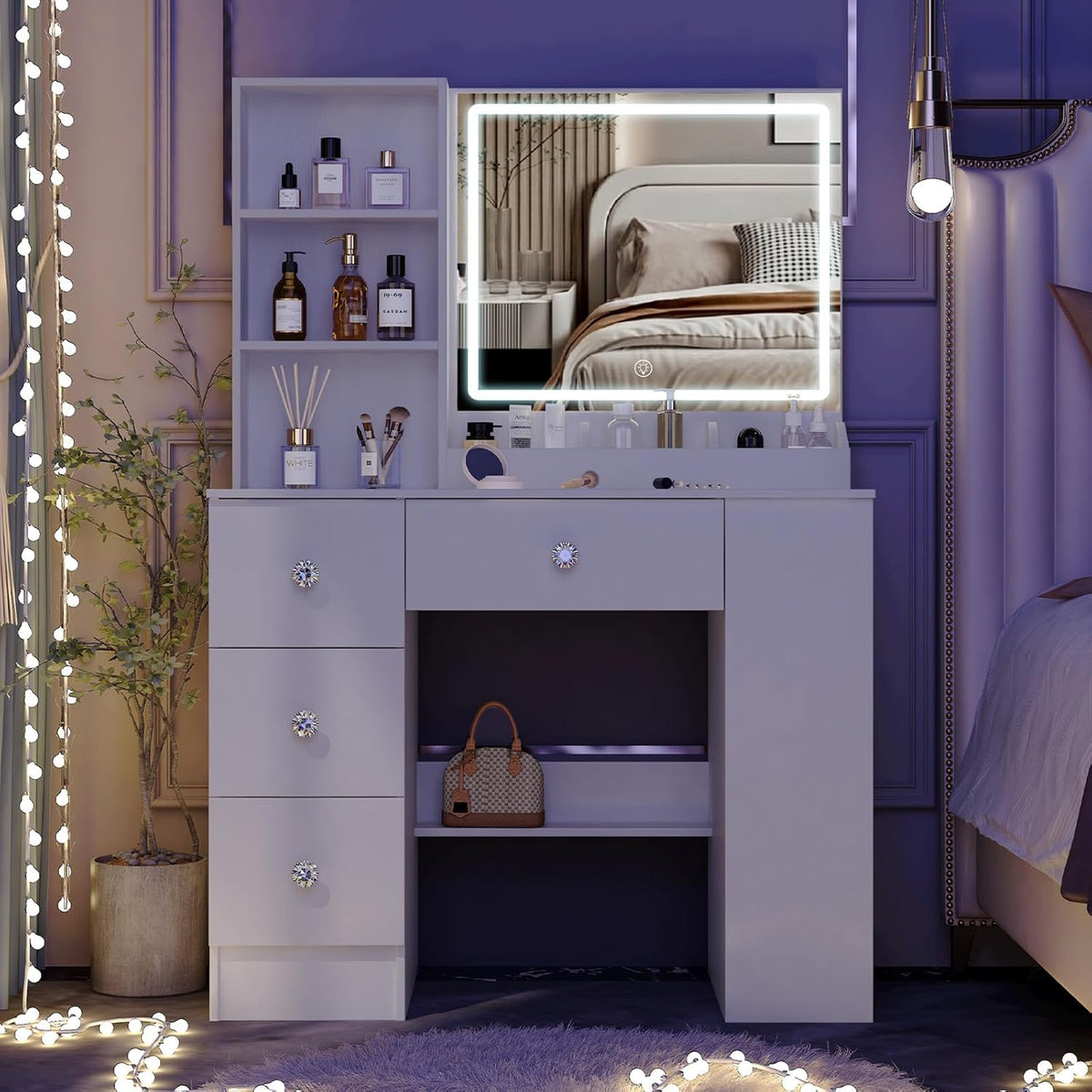 3-in-1 Bureau Kaptafel met LED Spiegel | Multifunctioneel Meubel voor Make-up, Werk & Nachtkastje | Moderne Witte Kaptafel met 4 Lades