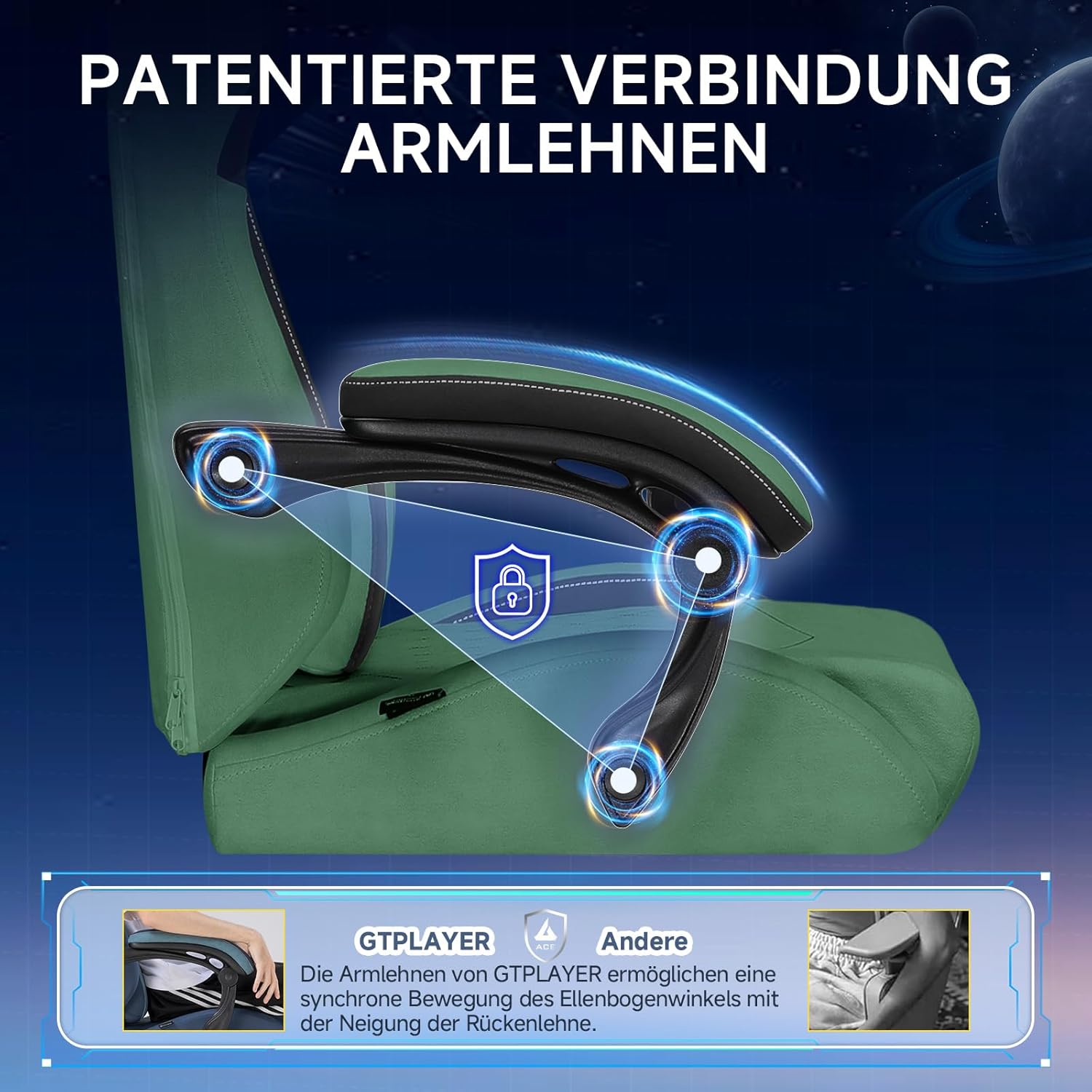 GTPLAYER Ergonomic Gaming Chair, Technical Fabric, with Lumbar Support, Computer Chair with Extended Backrest, Supports up to 150kg, Green - QUORE