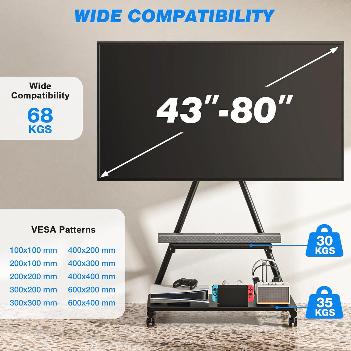 TVON Mobiele tv-standaard voor tv's van 43-80 inch tot 68 kg met planken (max. VESA 600 x 400 mm, in hoogte verstelbaar op wielen)