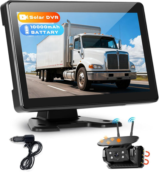 Hodozzy Draadloze camera met zonne-energie, 10,1 inch IPS touchscreen monitor met loopopname, 10000 mAh achteruitrijcamera met dodehoekwaarschuwing, spiegelinversie, waterdicht, nachtzicht, Type-C