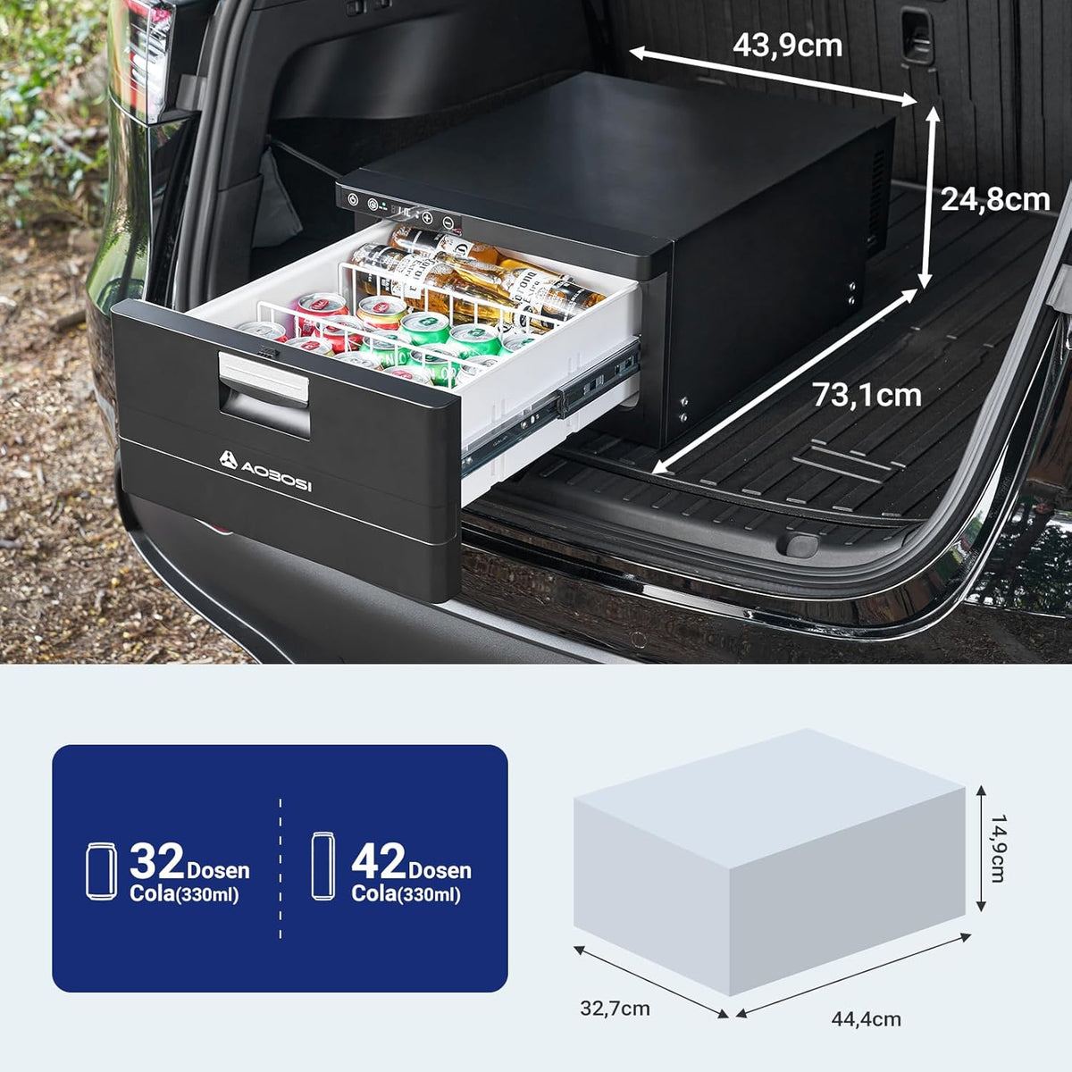 AAOBOSI 31L Compressorkoelkast met Lade, APP-Gestuurde Koelkast Voor Campers, 12/24V, Koelkast Voor Voertuigen, Bereikt -20°C, Geschikt Voor Auto's, Vrachtwagens, Campers, Boten, Kamperen en Reizen