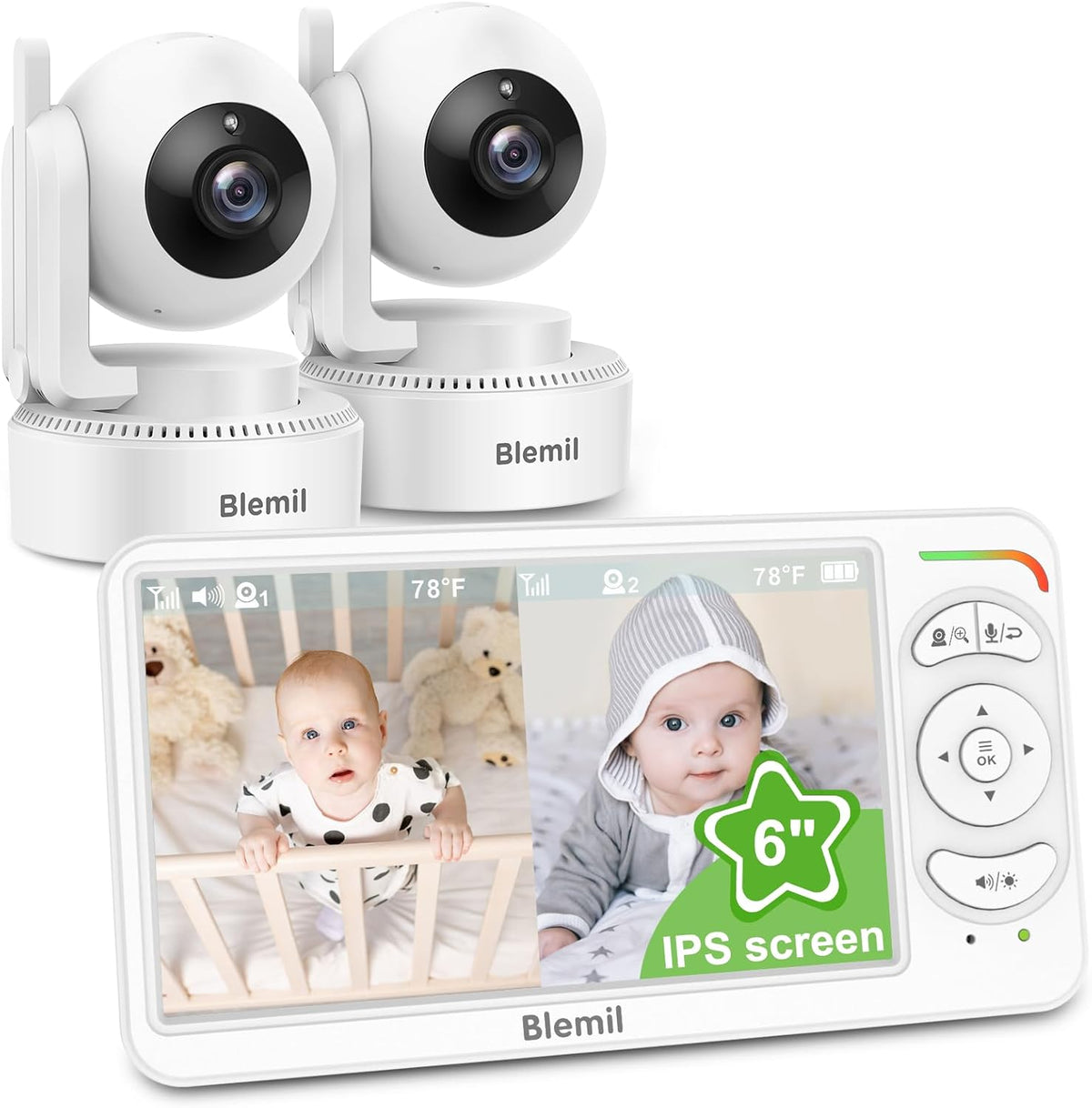 Blemil Babyfoon, Video Babyfoon met 2 Camera's en Audio, 6 IPS Grote Split Screen Remote Pan/Tilt/Zoom Babyfoon, Videomonitorcamera's met helder nachtzicht en 30 uur batterij Levensduur