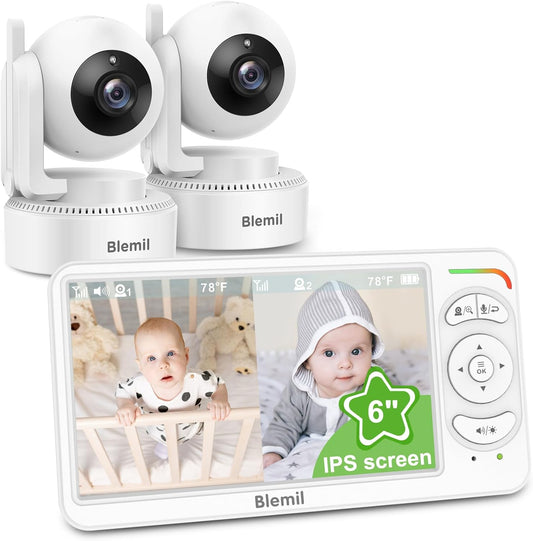 Blemil Babyfoon, Video Babyfoon met 2 Camera's en Audio, 6 IPS Grote Split Screen Remote Pan/Tilt/Zoom Babyfoon, Videomonitorcamera's met helder nachtzicht en 30 uur batterij Levensduur
