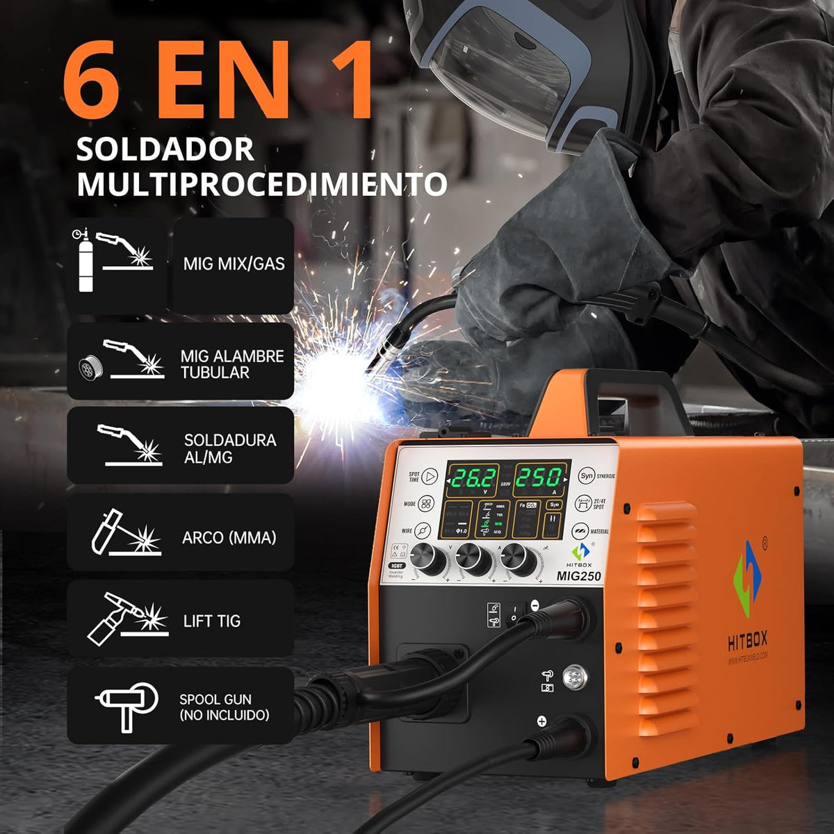 HITBOX 6-in-1 MIG Lasmachine Gas/Gasloos 250A 230V Digitale MIG Inverter met LED Display, Geschikt voor Flux & Massieve Draad, MIG/ARC/Lift TIG, Aluminium Lassen (MIG250)