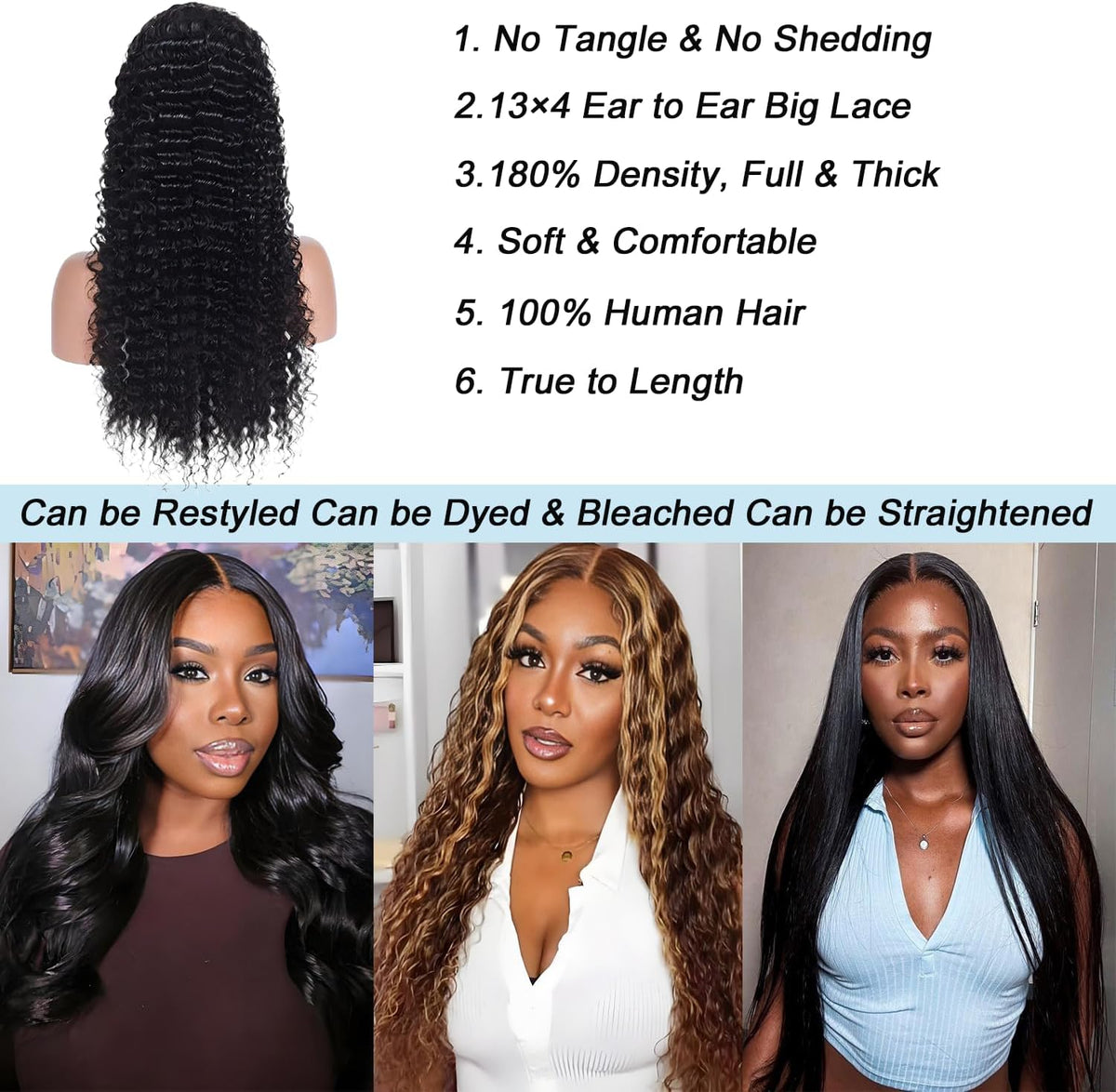 Braziliaanse pruik van echt haar, Deep Wave Lace Front, pruik voor dames, natuurlijk, Braziliaans krullend, 180% dichtheid, 13 x 4, kanten pruik, echt haar, zwart, natuurlijke kleur, voor vrouwen, 24