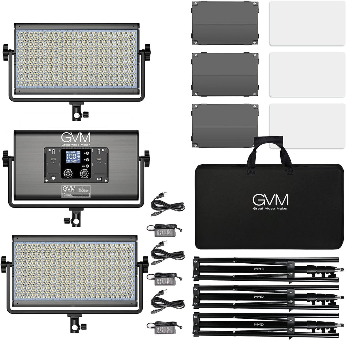 GVM 1500D RGB videolichtpaneel met lichtstatief, 3 stuks 75 W led-fotografielamp 27000lux/0,5 m 3200K-5600K studiolicht voor YouTube film streaming, 18 lichteffecten, app-bediening, 1128 lampkralen
