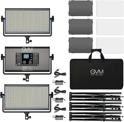 GVM 1500D RGB videolichtpaneel met lichtstatief, 3 stuks 75 W led-fotografielamp 27000lux/0,5 m 3200K-5600K studiolicht voor YouTube film streaming, 18 lichteffecten, app-bediening, 1128 lampkralen