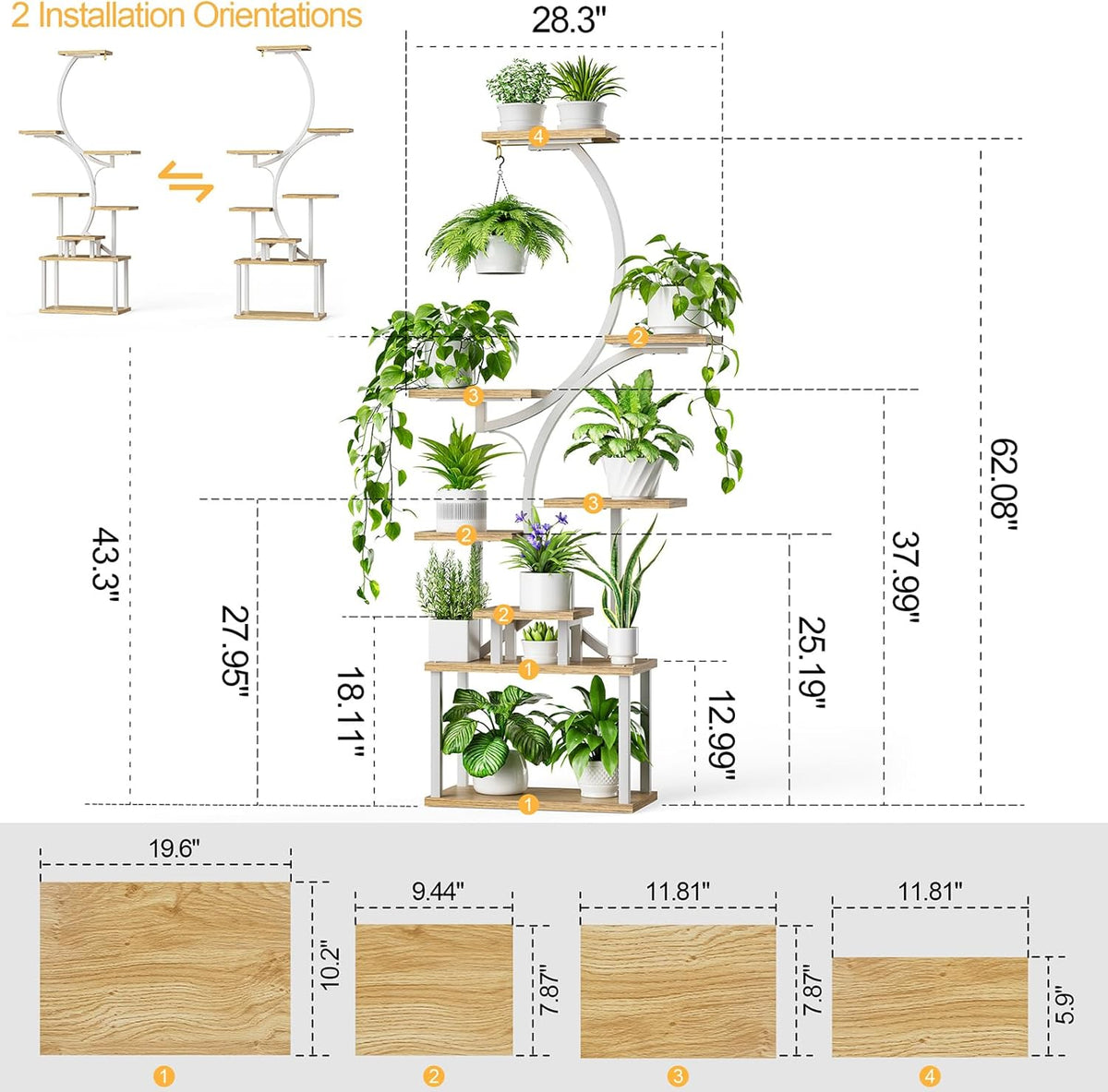 Plantenstandaard Met Kweeklampen Wit – Plantenrek – Bloemenstandaard – Bloemenrek – Plantenhouder – 8-Laags S-Vormig Design – 3-Kops Volspectrum Kweeklampen Met Timer En 9 Lichtstanden
