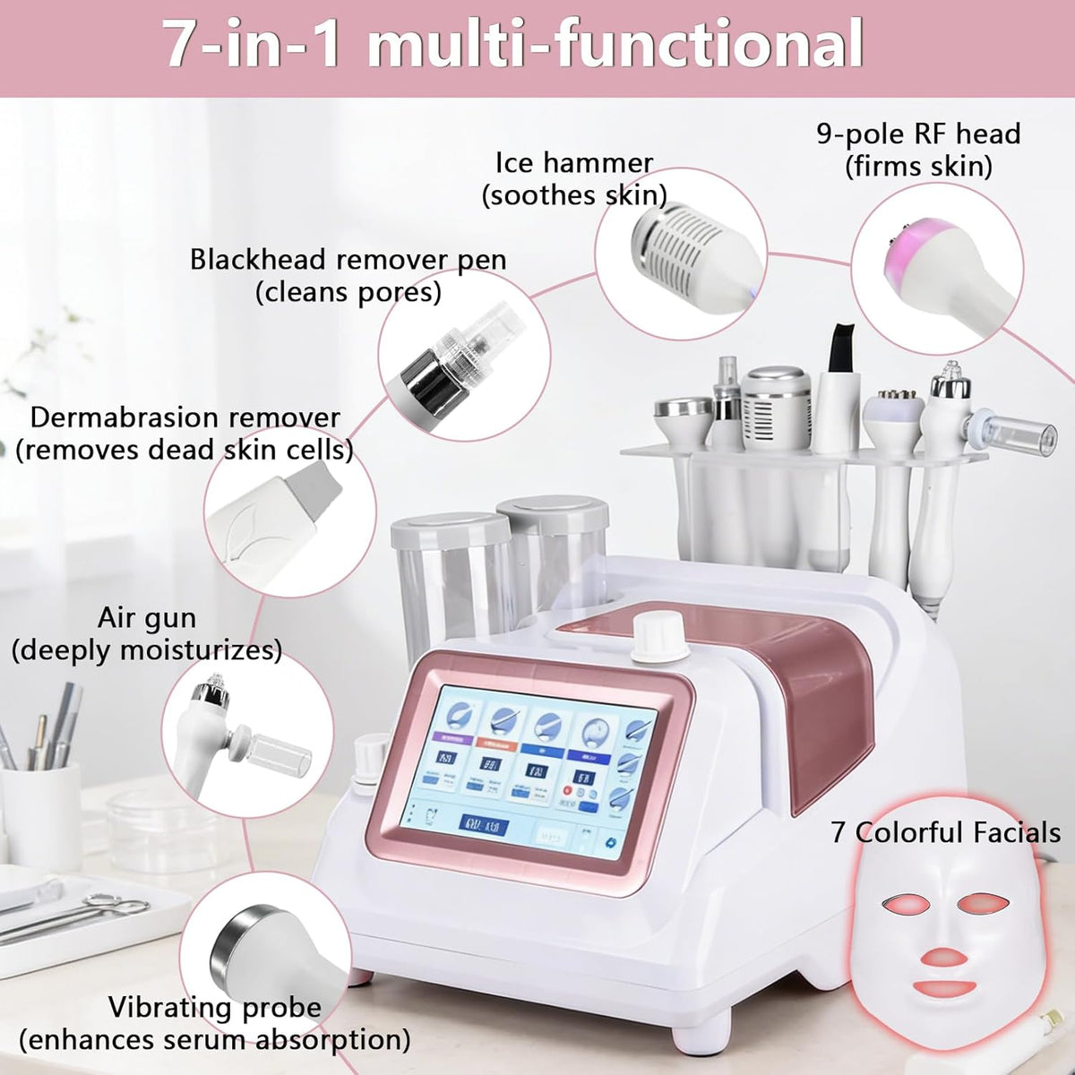 7-In-1 Hydrafaciale Machine – Hydrafacial Apparaat – Gezichtsverzorgingsapparaat – Gezichtsreinigingsapparaat – Huidverstevigingsapparaat – Wit – 9-Polige Sonde – 7-Kleuren LED-Masker