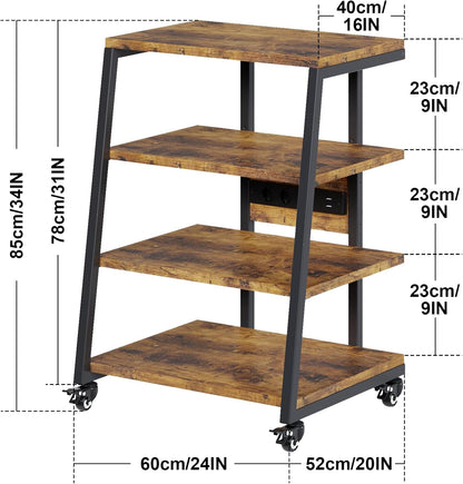 HIFI Stand platenspeler standaard, 4-laags houten planken met stekkerdozen, LED-verlichting, wielen, in hoogte verstelbare AV-media-opslag audiorek toren voor draaitafel/printer/Sky Box/TV