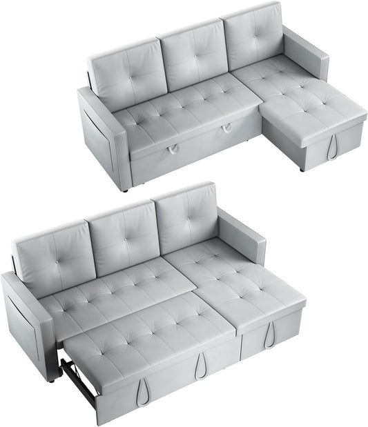 SONNI Sofa, Corner Sofa, 203x132x88 cm, Sofa Bed with Sleeping Function, 3-Seater Sofa, Sofa Bed, Sofa with Wardrobe, Side Pocket, Cat Claw Leather, Ideal for Apartments Living Room, Light Grey - QUORE