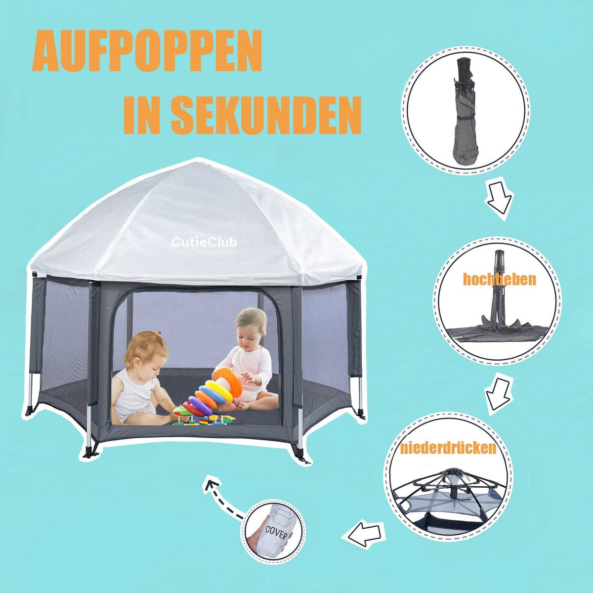 Foldable Baby Playpen with Mattress, Square, Play Playpen with Anti-UV Canopy, Travel Box with Carry Bag, for Home, Garden, Beach, Outdoor, Grey - QUORE