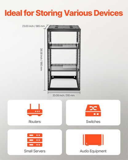 VEVOR 20U Open Frame Netwerk Rack, 58,4 cm diepte, wandmontage of staande serverrek, Heavy Duty 4 Post, met geventileerde planken en montagehardware, houdt al uw netwerk-IT-apparatuur AV-apparatuur